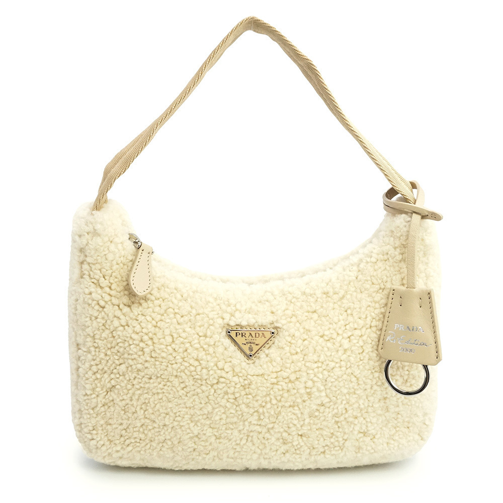 PRADA Re Edition Triangle Sheep Fur Montone Ivory White Handbag